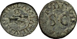 Augustus (27 BC - 14 AD). AE Quadrans, 9 BC. D/ LAMIA SILVS ANNIVS. Clasped right hands holding caduceus. R/ III VIR AAA FF around large SC. RIC 420; ...
