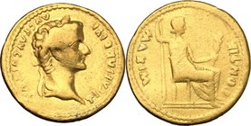 Tiberius (14-37). AV Aureus, Lugdunum mint. D/ TI CAESAR DIVI AVG F AVGVSTVS. Laureate head right. R/ PONTIF MAXIM. Livia (as Pax) seated right, holdi...