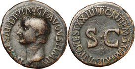 Tiberius (14-37). AE As, Rome mint, 21-22 AD. D/ TI CAESAR DIVI AVG F AVGVST IMP VIII. Bare head left. R/ PONTIF MAXIM TRIBVN POTEST XXIIII around lar...