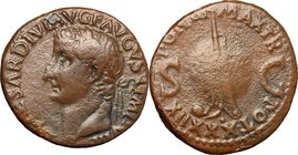 Tiberius (14-37). AE As, Rome mint, 36-37 AD. D/ TI CAESAR DIVI AVG F AVGVST IMP VIII. Laureate head left. R/ PONTIF MAX TR POT XXXIIX. Rudder on larg...