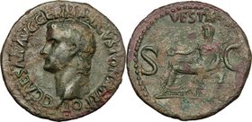 Caligula (37-41). AE As, 37-38 AD. D/ C CAESAR AVG GERNMANICVS PON M TR POT. Bare head left. R/ VESTA SC. Vesta, veiled, seated left, holding patera a...