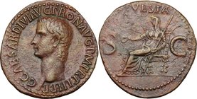 Caligula (37-41). AE As, Rome mint, 39-40 AD. D/ C CAESAR DIVI AVG PRON AVG PM TR P III PP. Bare head right. R/ VESTA SC. Vesta seated left, holding p...