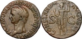 Claudius (41-54). AE As, Rome mint, 50-54 AD. D/ TI CLAVDIVS CAESAR AVG PM TR P IMP PP. Bare head left. R/ CONSTANTIAE AVGVSTI SC. Constantia, helmete...