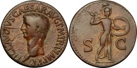 Claudius (41-54). AE As, Rome mint, 50-54 AD. D/ TI CLAVDIVS CAESAR AVG PM TR P IMP PP. Bare head left. R/ SC. Minerva advancing right, brandishing ja...