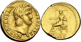 Nero (54-68). AV Aureus, 65-66. D/ NERO CAESAR AVGVSTVS. Laureate head right. R/ SALVS. Salus, seated left on throne, holding patera. RIC 59. AV. g. 7...