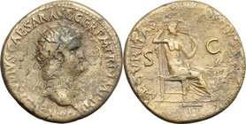 Nero (54-68). AE Dupondius. D/ NERO CLAVDIVS CAESAR AVG GER PM TR P IMP PP. Radiate head right. R/ SECVRITAS AVGVSTI SC. Securitas seated right, holdi...