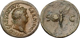 Nero (54-68). AE As, Rome mint. D/ NERO CAESAR AVG GERM IMP. Laureate head right. R/ SC. Victory flying left, holding shield inscribed SPQR. RIC 312; ...