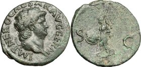 Nero (54-68). AE As, Rome mint. D/ IMP NERO CAESAR AVG GERM. Laureate head right. R/ SC. Victory flying left, holding shield inscribed SPQR. RIC 351. ...