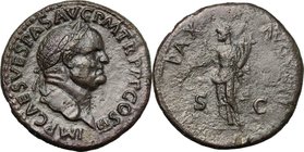 Vespasian (69-79). AE Sestertius, 71 AD. D/ IMP CAES VESPAS AVG PM TR P PP COS III. Laureate head right. R/ PAX AVGVSTI SC. Pax standing left, holding...