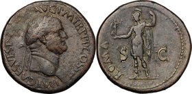 Vespasian (69-79). AE Sestertius, Rome mint, 71 AD. D/ IMP CAES VESP[ASIAN] AVG PM TR P PP COS III. Laureate head right. R/ ROMA SC. Roma standing fac...
