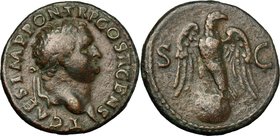 Titus as Caesar (69-79). AE As, 73 AD. D/ T CAES IMP PON TR P COS II CENS. Laureate head right. R/ SC. Eagle standing facing on globe, head right. RIC...