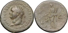 Titus (79-81). AE Sestertius, 89 AD. D/ IMP T CAES VESP AVG PM TR P PP COS VIII. Laureate head left. R/ PAX AVGVST SC. Pax standing left, holding bran...