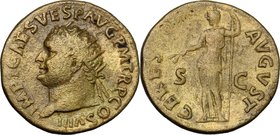 Titus (79-81). AE Dupondius, Rome mint, 80-81. D/ IMP T CAES VESP AVG PM TR P COS VIII. Radiate head left. R/ CERES AVGVST SC. Ceres standing left, ho...