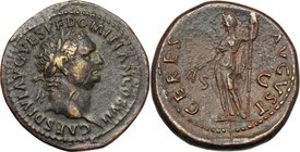 Domitian as Caesar (69-81). AE Dupondius. D/ CAES DIVI AVG VESP F DOMITIAN COS VII. Laureate head right. R/ CERES AVGVST SC. Ceres standing left, hold...