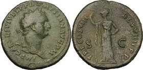 Domitian (81-96). AE Sestertius, 82 AD. D/ IMP CAES DIVI VESP F DOMITIAN AVG PM. Laureate head right. R/ TR P COS VIII DES VIIII PP SC. Minerva standi...