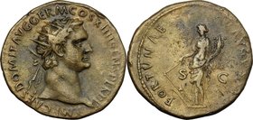 Domitian (81-96). AE Dupondius, Rome mint, 88-89 AD. D/ IMP CAES DOMIT AVG GERM COS XIIII CENS PER PP. Radiate head right. R/ FORTVNAE AVGVST[I] SC. F...