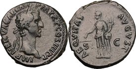 Nerva (96-98). AE As, 97 AD. D/ IMP NERVA CAES AVG PM TR P COS III PP. Laureate head right. R/ AEQVITAS AVGVST SC. Aequitas standing left, holding sca...