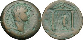 Trajan (98-117). AE Drachm, Alexandria mint, 98-99 AD. D/ Laureate head right. R/ Serapis standing left, hand above stele at feet, holding sceptre; LB...