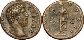 Aelius (Caesar, 136-138). AE As, 137 AD. D/ L. AELIVS CAESAR. Bare head right. R/ TR POT COS II SC. Spes advancing left, holding flower and raising sk...