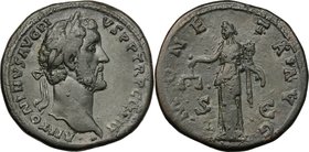 Antoninus Pius (138-161). AE Sestertius, 140-144 AD. D/ ANTONINVS AVG PIVS PP TR P COS III. Laureate head right. R/ MONETA AVG SC. Moneta standing lef...