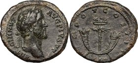 Antoninus Pius (138-161). AE As, 140-144 AD. D/ ANTONINVS AVG PIVS PP. Laureate head right. R/ TR POT COS III SC. Winged caduceus between crossed corn...