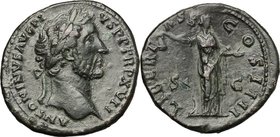 Antoninus Pius (138-161). AE Sestertius, 153-154 AD. D/ ANTONINVS AVG PIVS PP TR P XVII. Laureate head right. R/ LIBERTAS COS IIII SC. Libertas standi...