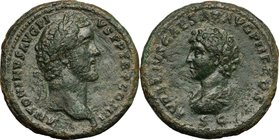 Antoninus Pius (138-161) with Marcus Aurelius Caesar. AE Sestertius, Rome mint, 140-144 AD. D/ ANTONINVS AVG PIVS PP TR P COS III. Laureate head of An...