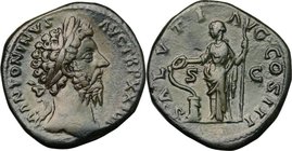 Marcus Aurelius (161-180). AE Sestertius, 169-170 AD. D/ M ANTONINVS AVG TR P XXIIII. Laureate head right. R/ SALVTI AVG COS III SC. Salus standing le...