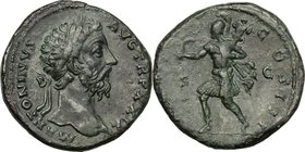 Marcus Aurelius (161-180). AE Sestertius, 174-175 AD. D/ M ANTONINVS AVG TR P XXIX. Laureate head right. R/ [IMP VII] COS III SC. Mars running left, h...
