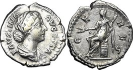 Faustina II, wife of Marcus Aurelius (died 176 AD). AR Denarius, Rome mint. D/ FAVSTINA AVGVSTA. Draped bust right. R/ CERES. Ceres seated left on che...