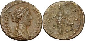 Crispina, wife of Commodus (died 183 AD). AE As. D/ CRISPINA AVGVSTA. Draped bust right. R/ LAETITIA SC. Laetitia standing left, holding wreath and ru...