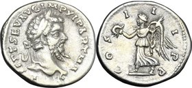 Septimius Severus (193-211). AR Denarius, Laodicea mint, 198-202 AD. D/ L SEPT SEV AVG IMP XI PART MAX. Laureate head right. R/ COS III PP. Victory ad...