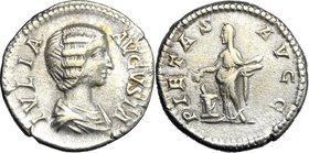 Julia Domna, wife of Septimius Severus (died 217 AD). AR Denarius, 196-211 AD. D/ IVLIA AVGVSTA. Draped bust right. R/ PIETAS AVGG. Pietas standing le...
