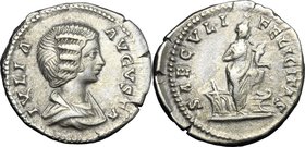 Julia Domna, wife of Septimius Severus (died 217 AD). AR Denarius. D/ IVLIA AVGVSTA. Draped bust right. R/ SAECVLI FELICITAS. Isis standing right, suc...