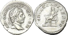 Caracalla (198-217). AR Denarius, Rome mint. D/ ANTONINVS PIVS AVG GERM. Laureate head right. R/ INDVLGENTIAE AVG. Indulgentia seated left, holding pa...