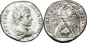 Caracalla (198-217). AR Tetradrachm, Hieropolis mint, Cyrrhestica. D/ AVT K M A ANTΩNEINOC CEB. Radiate, draped and cuirassed bust right. R/ ΔHMAPX EΞ...