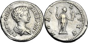 Geta (198-211). AR Denarius. D/ P SEPT GETA CAES PONT. Bareheaded, draped and cuirassed bust right. R/ NOBILITAS. Nobilitas standing right, holding sc...