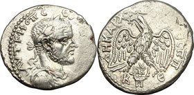 Macrinus (217-218). AR Tetradrachm, Beroea mint, Cyrrhestica. D/ AVT • K • M • OΠ C-E [...]. Laureate, draped and cuirassed bust right. R/ ΔHMAPX • EΞ...