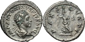 Elagabalus (218-222). AR Denarius. D/ IMP ANTONINVS PIVS AVG. Laureate and draped bust right. R/ PAX AVGVSTI. Pax walking left, holding olive-branch a...