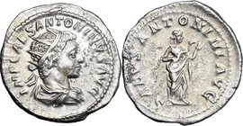 Elagabalus (218-222). AR Antoninianus. D/ IMP CAES ANTONINVS AVG. Radiate, draped and cuirassed bust right. R/ SALVS ANTONINI AVG. Salus standing righ...