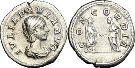 Julia Paula, first wife of Elagabalus (218-222). AR Denarius. D/ IVLIA PAVLA AVG. Draped bust right. R/ CONCORDIA. Julia, veiled, standing left, facin...
