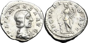 Julia Maesa, grandmother of Elagabalus (died 225 AD). AR Denarius. D/ IVLIA MAESA AVG. Draped bust right. R/ FECVNDITAS AVG. Fecunditas standing left,...