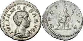 Julia Maesa, grandmother of Elagabalus (died 225 AD). AR Denarius, 220-222 AD. D/ IVLIA MAESA AVG. Draped bust right. R/ PVDICITIA. Pudicitia seated l...