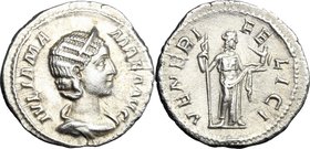 Julia Mamaea, daughter of Julia Maesa, mother of Severus Alexander (died 225 AD). AR Denarius. D/ IVLIA MAMAEA AVG. Diademed and draped bust right. R/...