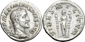 Maximinus I (235-238). AR Denarius,235-236 . D/ IMP MAXIMINVS PIVS AVG. Laureate, draped and cuirassed bust right. R/ FIDES MILITVM. Fides standing fa...