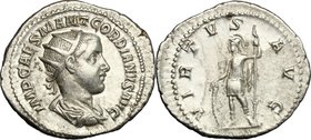 Gordian III (238-244 AD). AR Antoninianus,. D/ IMP CAES M ANT GORDIANVS AVG. Radiate, draped and cuirassed bust right. R/ VIRTVS AVG. Virtus, in milit...