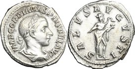 Gordian III (238-244 AD). AR Denarius, special issue for marriage with Sabinia Tranquillina. D/ IMP GORDIANVS PIVS FEL AVG. Laureate, draped and cuira...