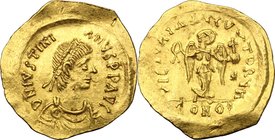 Justinian I (527-565). AV Tremissis, Constantinople mint. D/ DN IVSTINIANVS PP AVG. Diademed, draped and cuirassed bust right. R/ VICTORIA AVGVSTORVM....