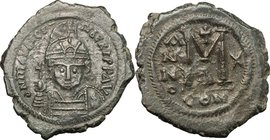 Maurice Tiberius (582-602). AE Follis, Constantinople mint, dated RY 10 (592-593 AD). D/ Helmeted and cuirassed bust facing, holding globus cruciger a...