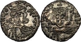 Leo III the "Isaurian", with Constantine V (720-741). Debased AV Tremissis, uncertain Italian mint. D/ Blundered legend [DNO LE] PAMYL. Bust facing wi...